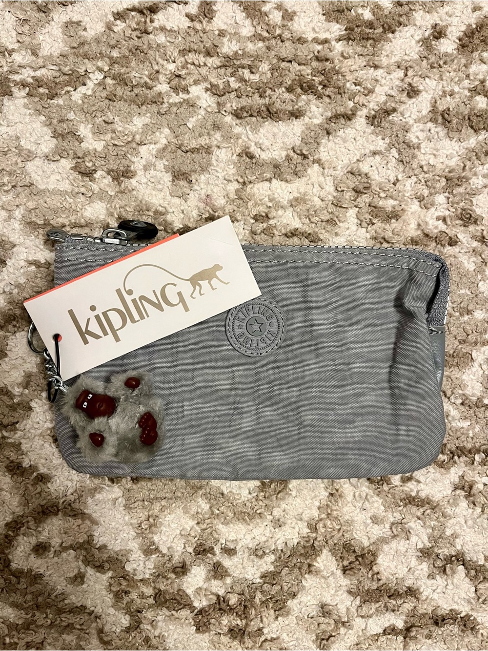 NWT Kipling Pigeon Gray Large Pouch with Monkey Charm